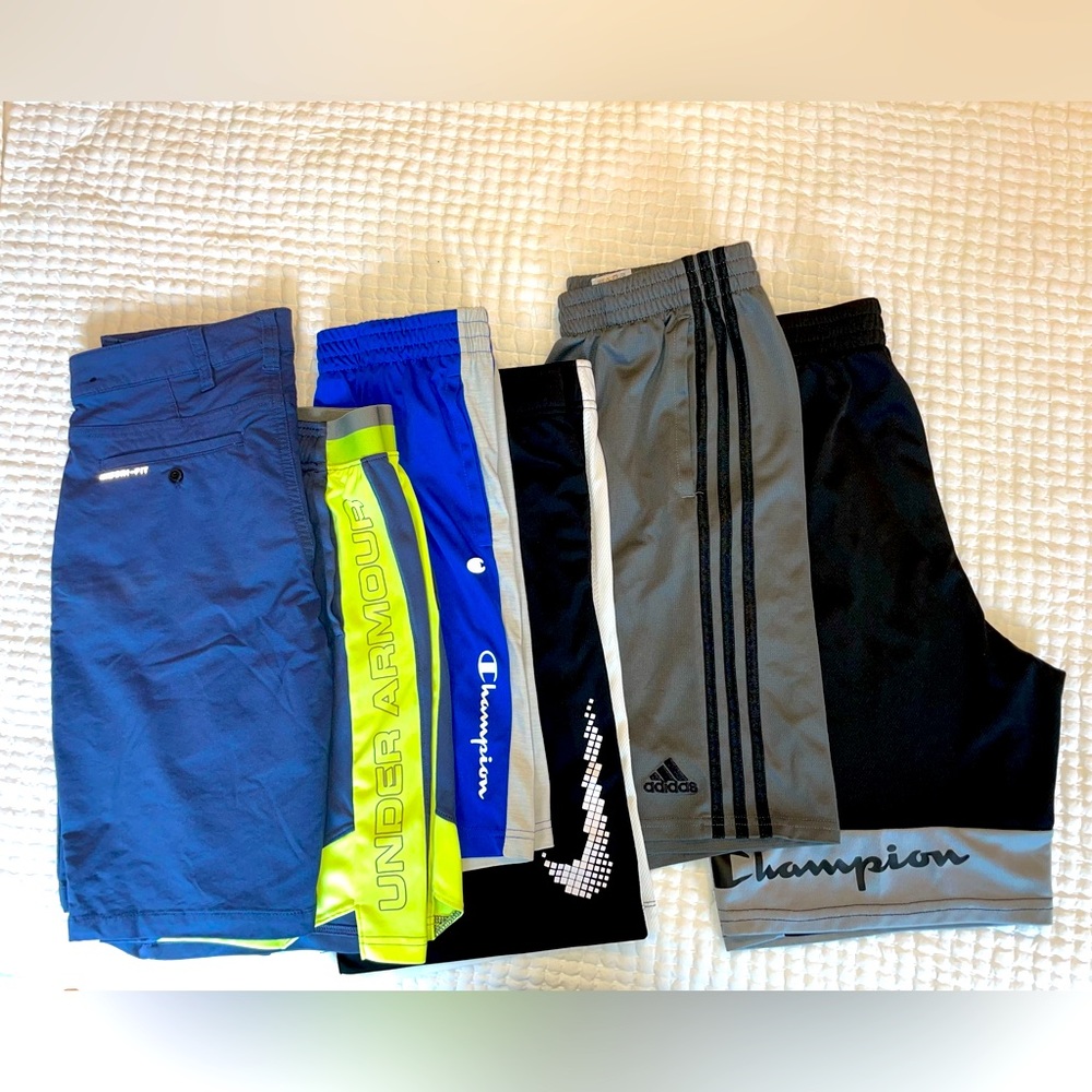 Boys Athletic Shorts LOT  6 pair L + XL Nike Adidas Under Armour Champion Hurley